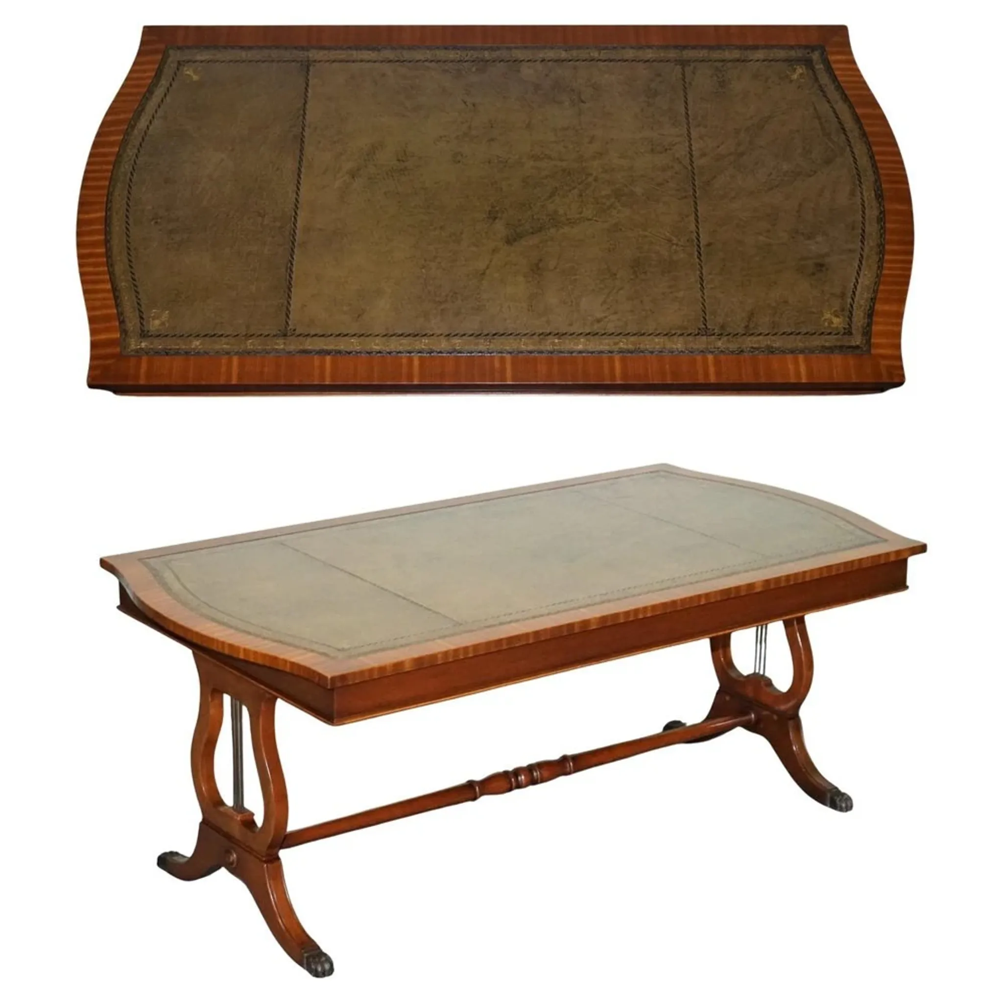 Grande Table Basse Vintage en Cuir Vert Chasseur