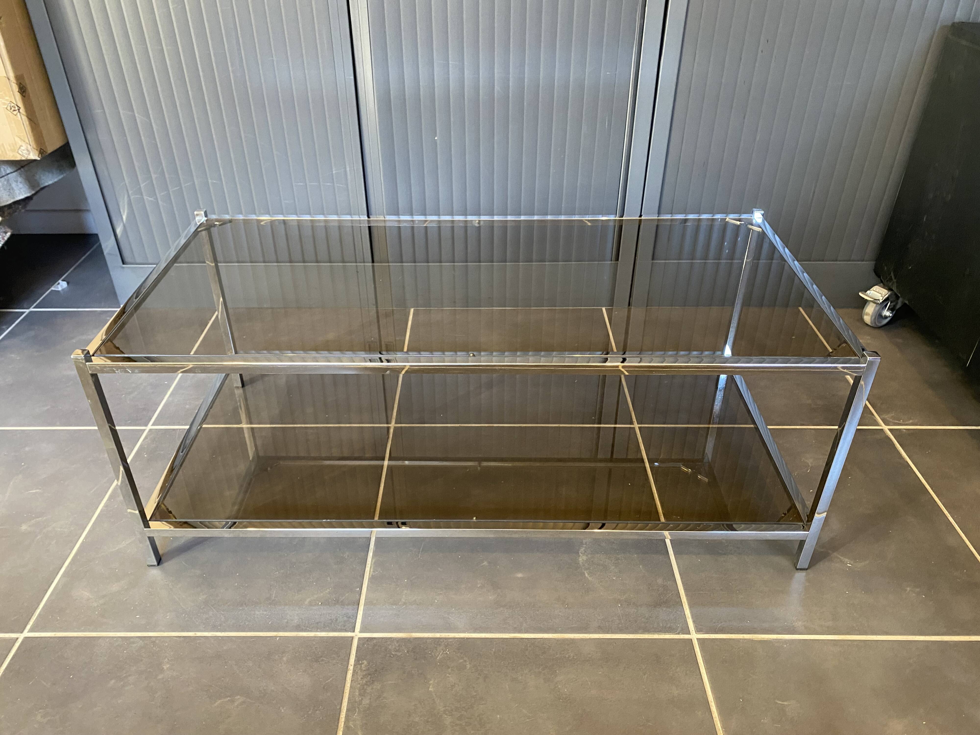 Table basse double plateau verre chrome style Bauhaus vintage 1970