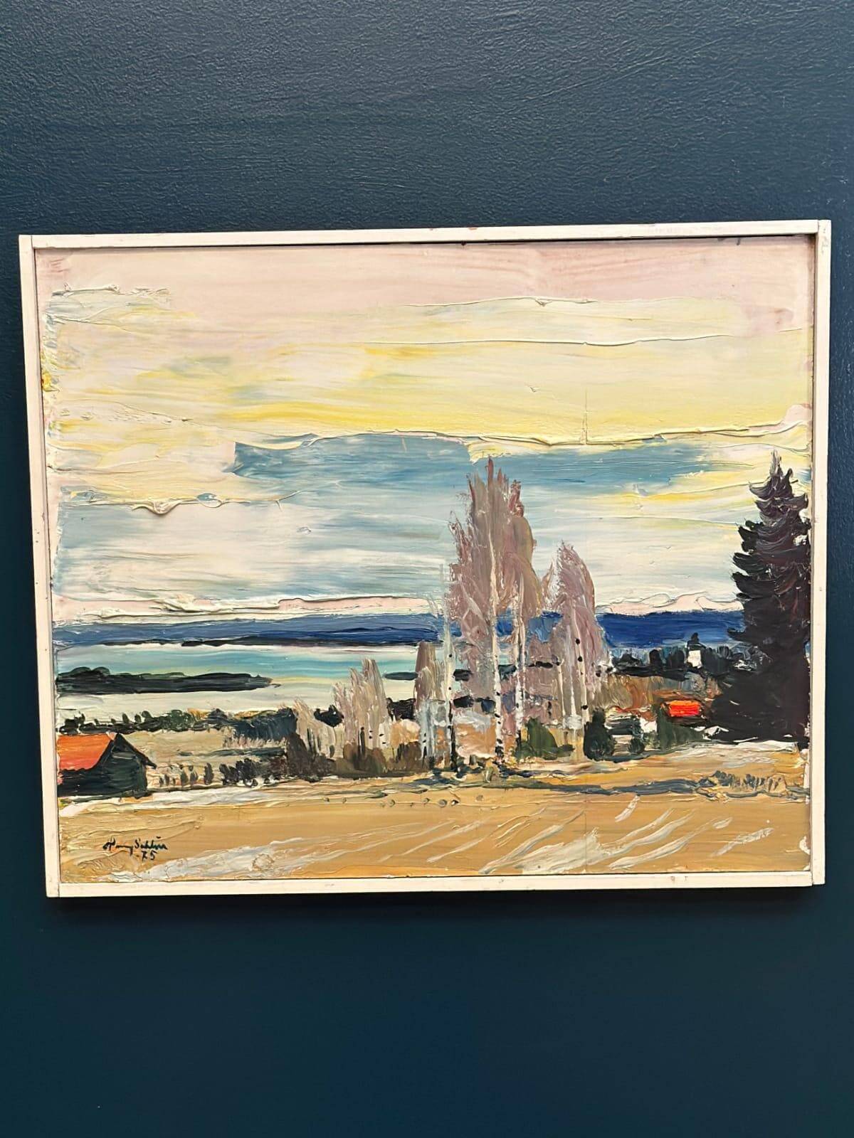 Huile sur panneau d'origine suédoise – « Maisons au bord de l'eau » par Harry Sahlin 1975 – Vintage et encadrée – 62 × 52 cm (24,4" × 20,5")