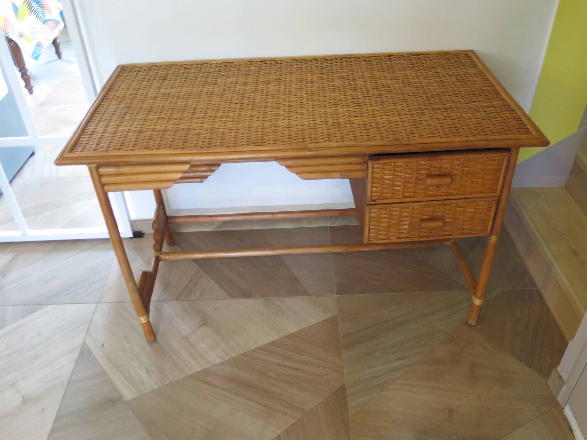 desk - wood-bamboo and woven wicker rattan - 2 drawers - large top - 80