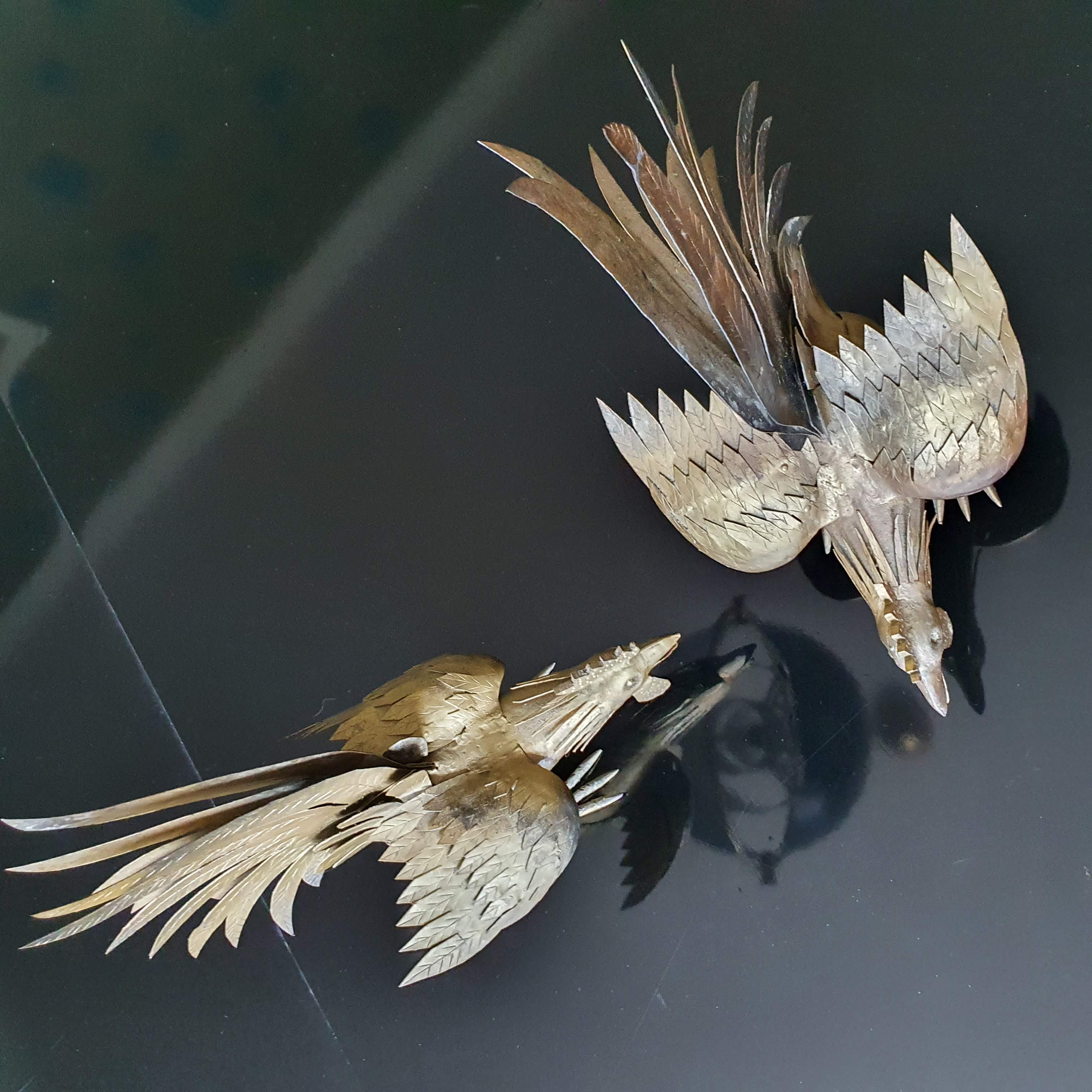 Duo of gold metal roosters 1950