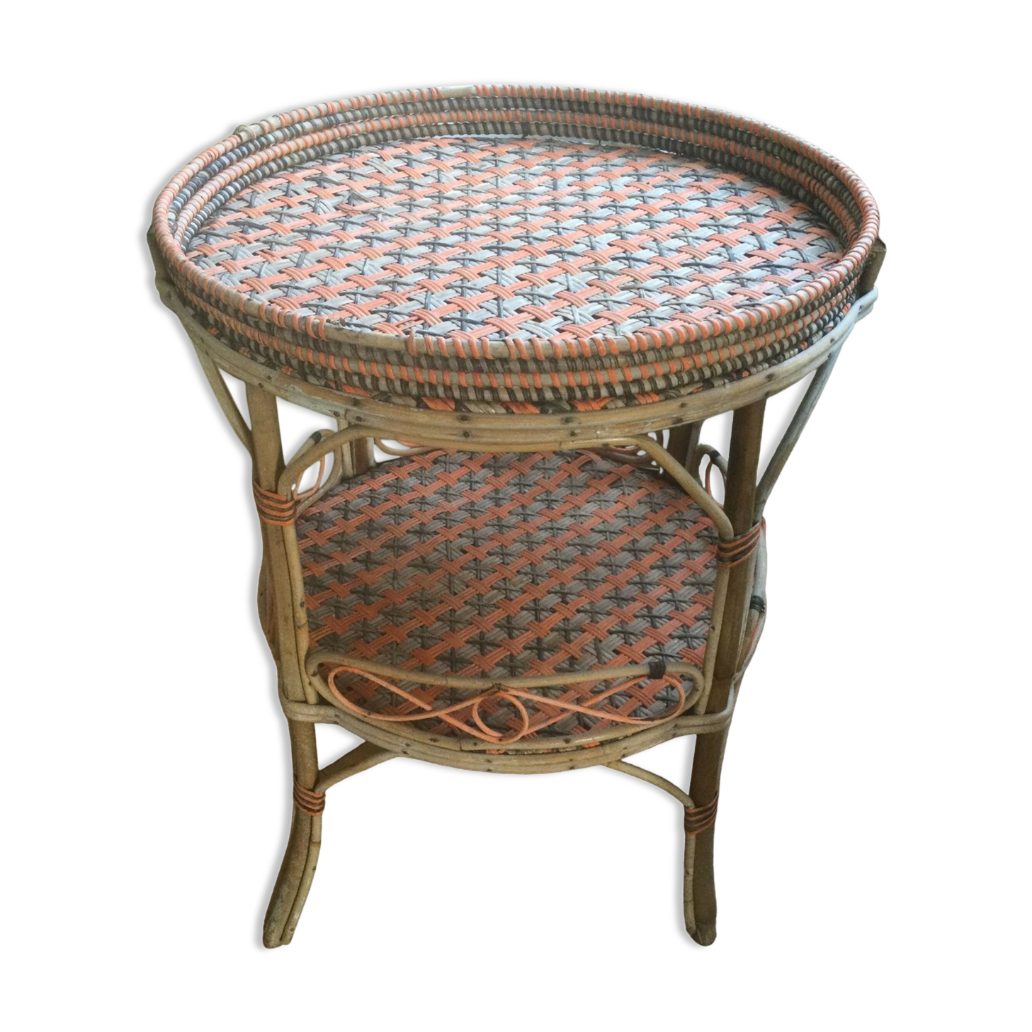 Round old rattan pedestal table