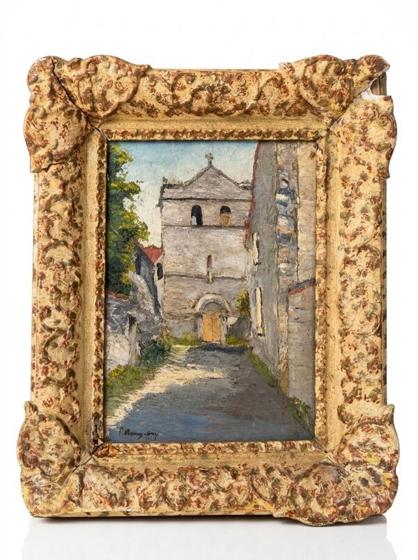 Tableau huile église village signé Remy-Gry - Cadre doré ancien
