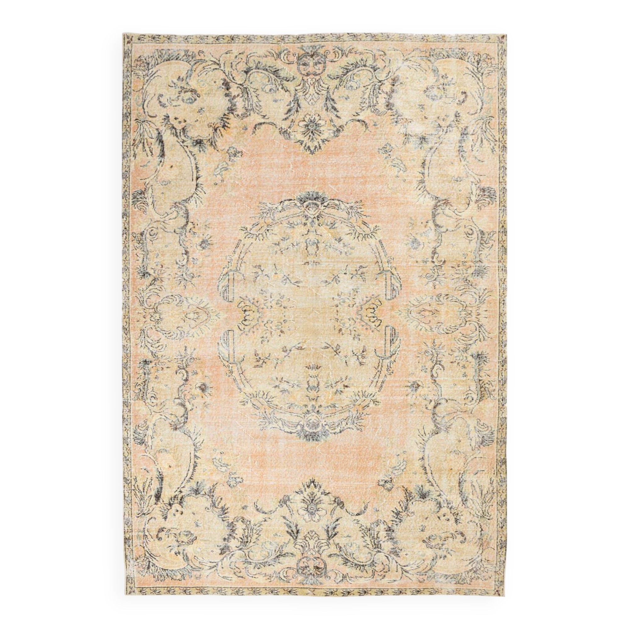 vintage beige orange turkish carpet 207x302 cm , wool hand made rug.