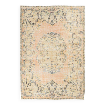 vintage beige orange turkish carpet 207x302 cm , wool hand made rug.