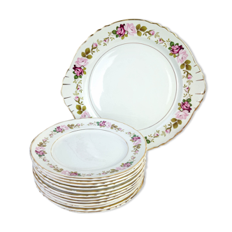 Vintage dessert service in flowered earthenware MOULIN DES LOUPS model "Amboise"