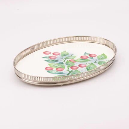 Oval Art Deco plate in earthenware and pierced metal with cherries