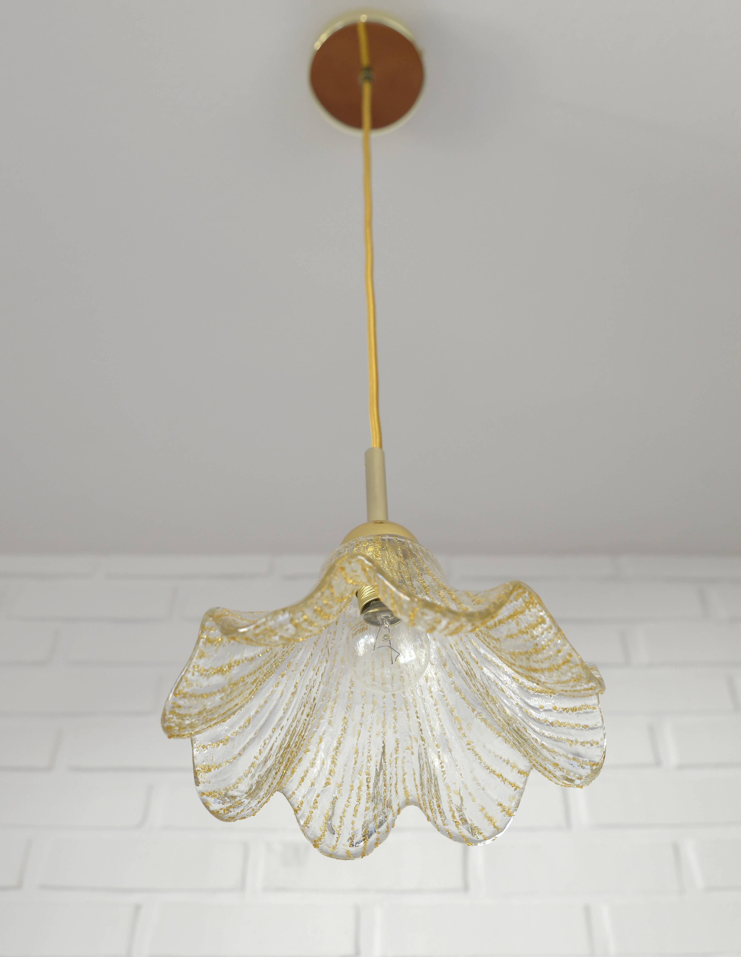 Vintage gold pendant light / Murano glass hanging lamp / Italy 1980s