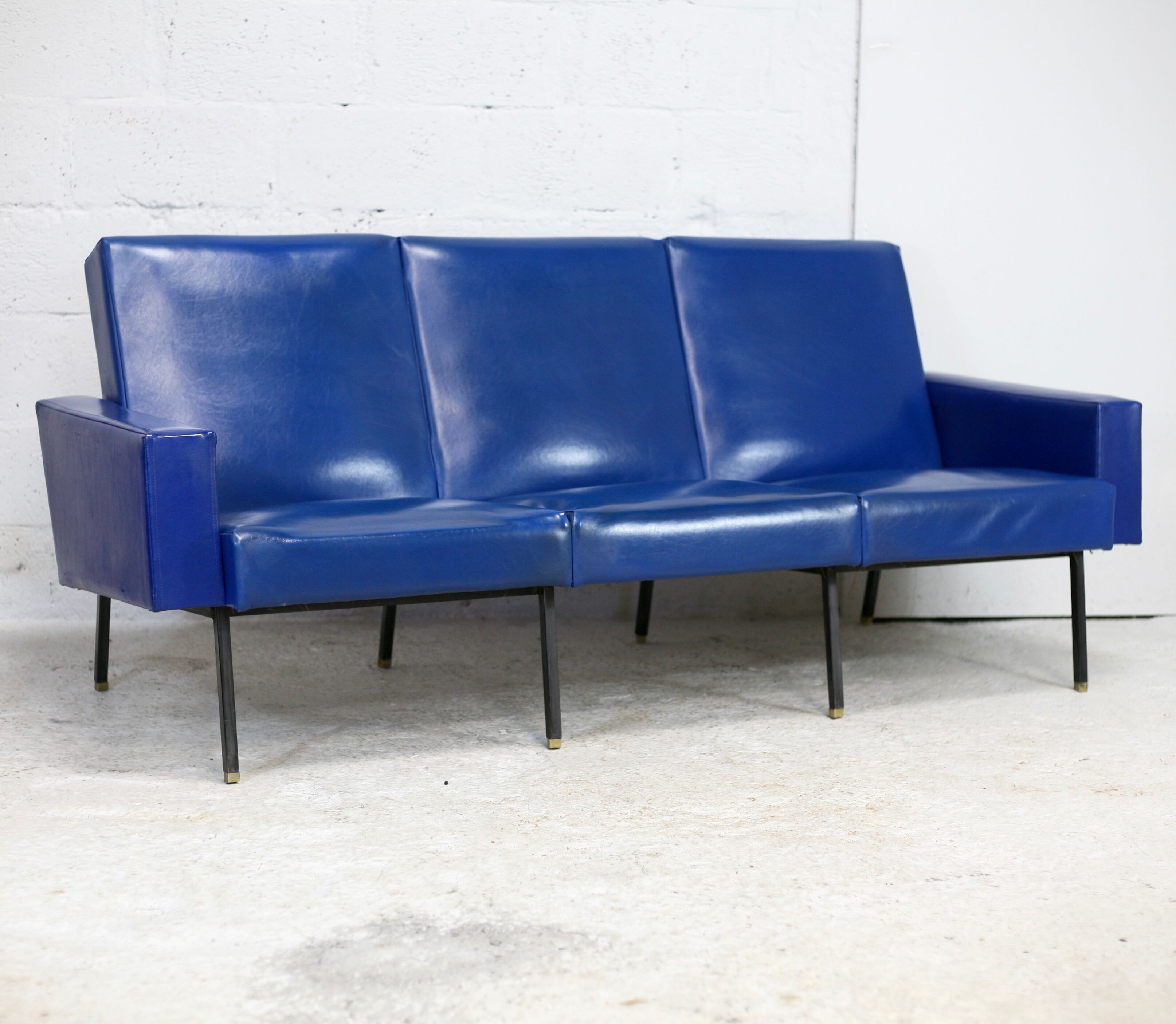 Sofa imitation leather blue and steel, 3 seats, France, circa 1960