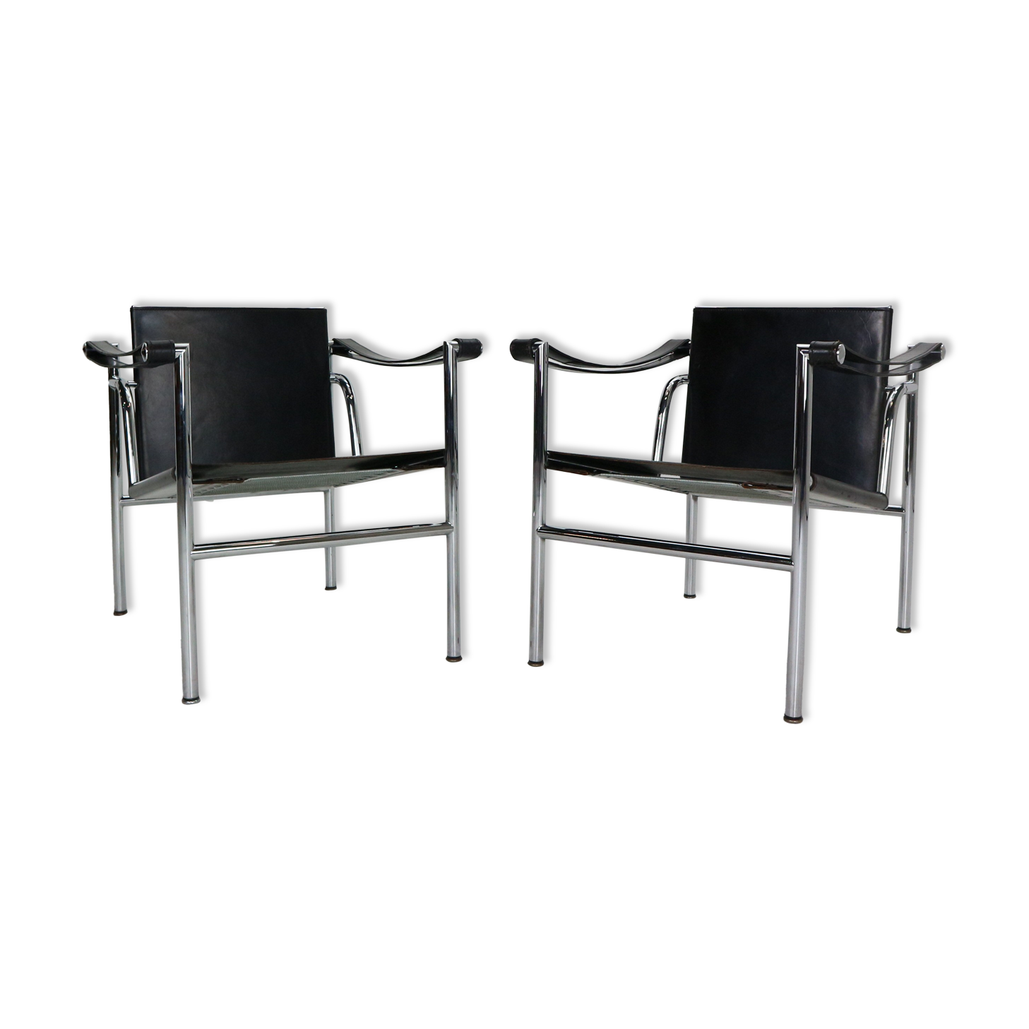 Le Corbusier Set of 2 Black Leather Armchairs Model- LC1 for Cassina, 1970s