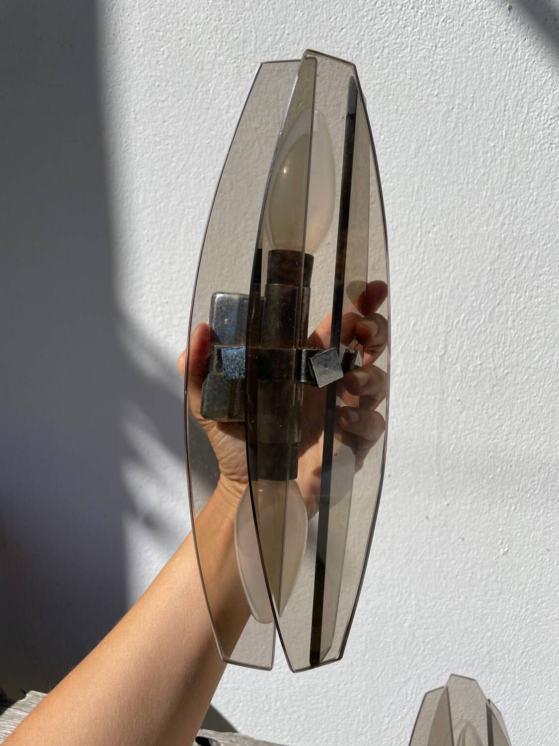Pair of Italian Veca smoked glass wall lights