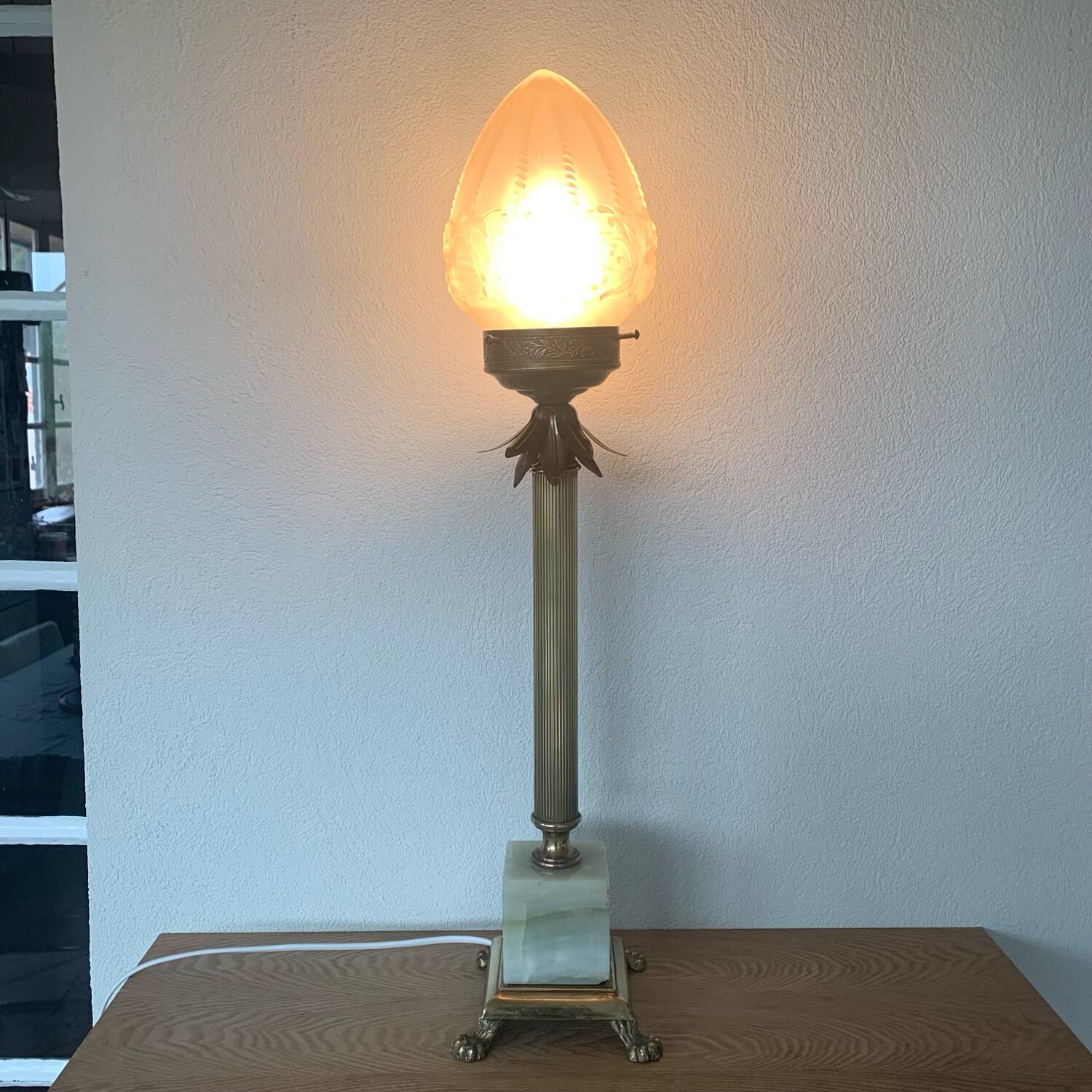 Large Art Deco column lamp metal Onyx frost glass