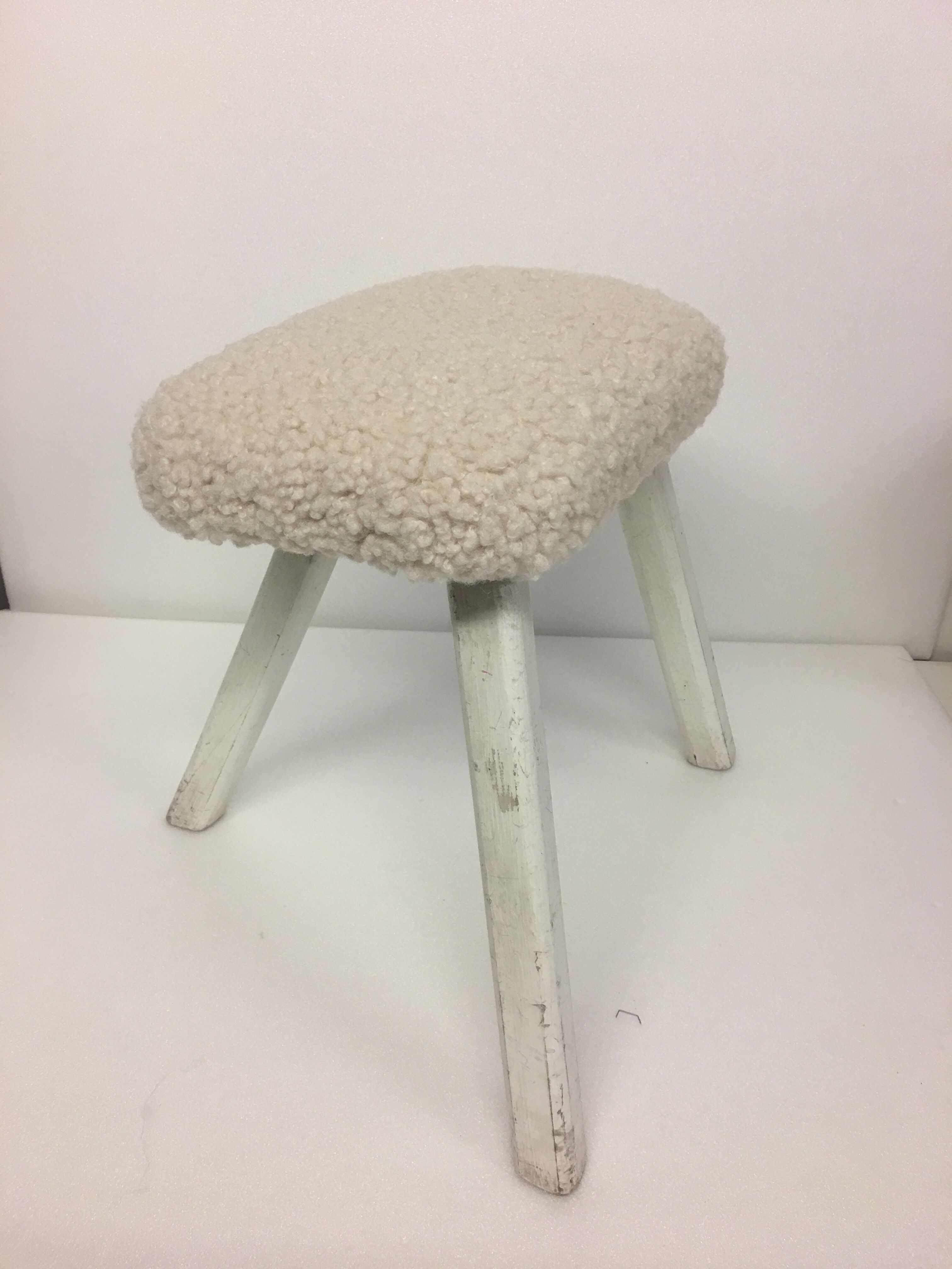 Painted beech stool, "sheep" fabric, Danish 60's