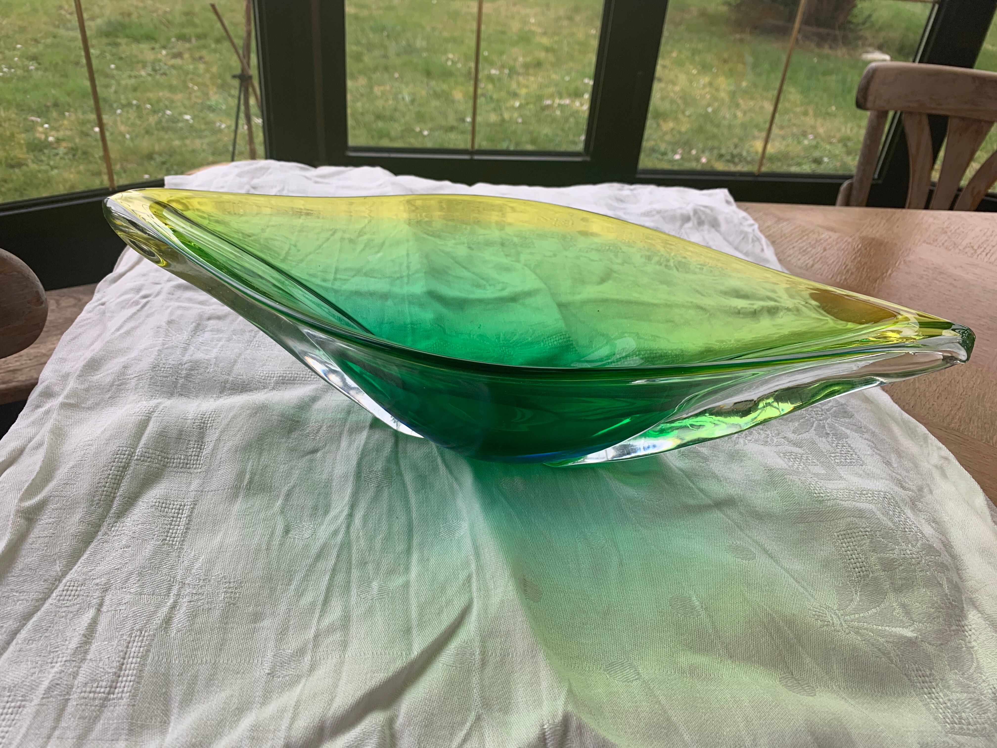 Glass fruit cup in the shape of a vintage yellow green vegetable leaf