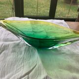 Coupe à fruits en verre en forme de feuille végétal jaune vert vintage