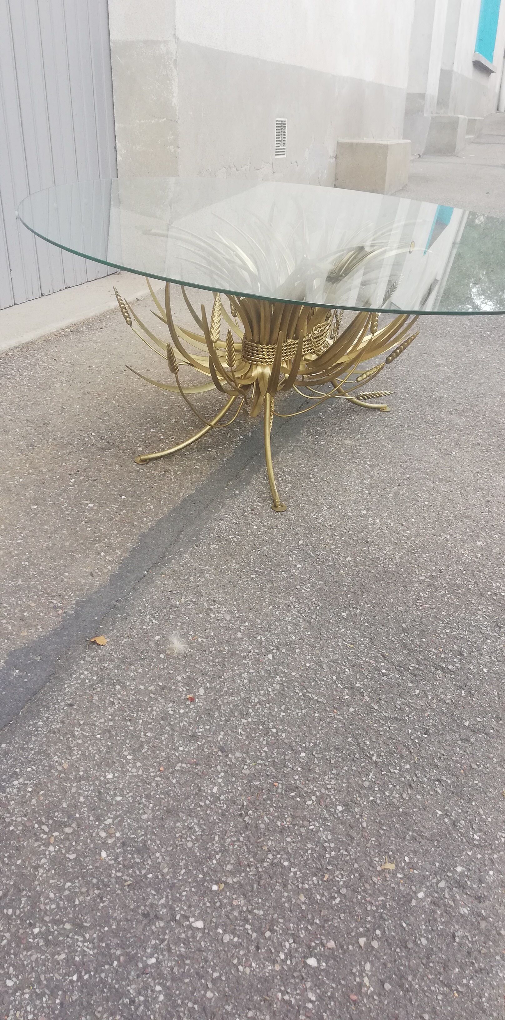 Vintage gold metal coffee table and glass top