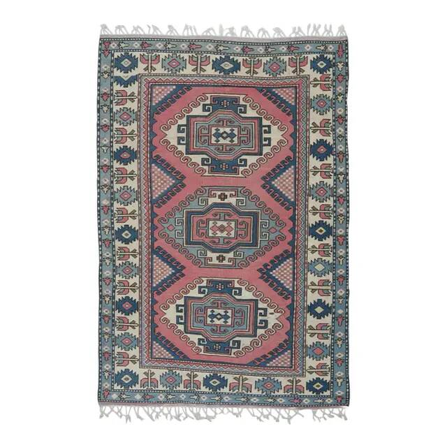 1970s Vintage Turkish Oushak Handmade Wool Cotton Pink Area Rug  192x256