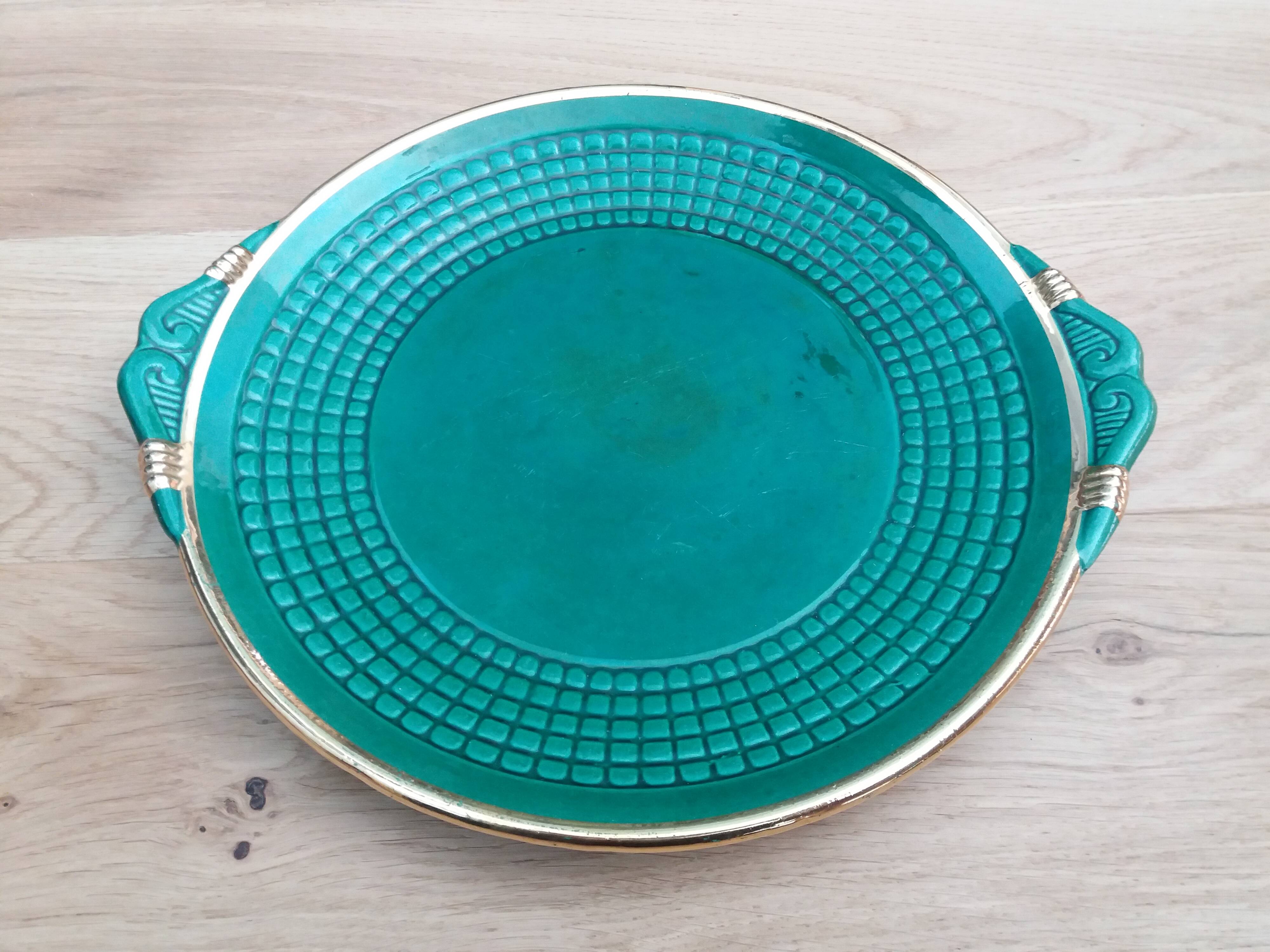 Dessert or cheese set, dish and 4 plates, Saint Clément green and gold