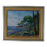 Peinture à l'huile sur panneau suédoise du milieu du siècle des années 1950 « Paysage » - Vintage et encadrée