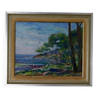 Peinture à l'huile sur panneau suédoise du milieu du siècle des années 1950 « Paysage » - Vintage et encadrée