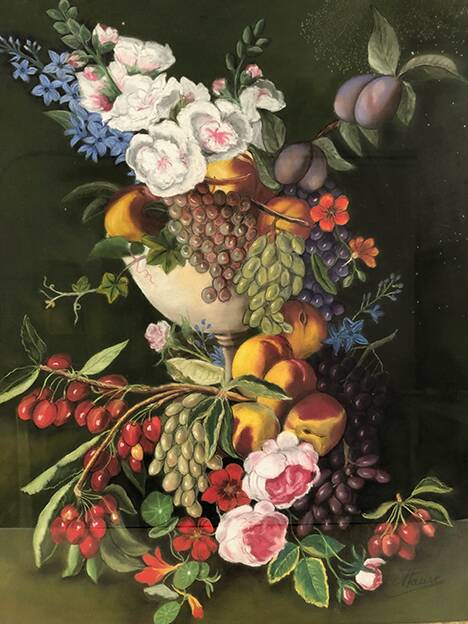 Large pastel signed Annie Faure, still life with flowers and fruits
