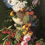 Large pastel signed Annie Faure, still life with flowers and fruits