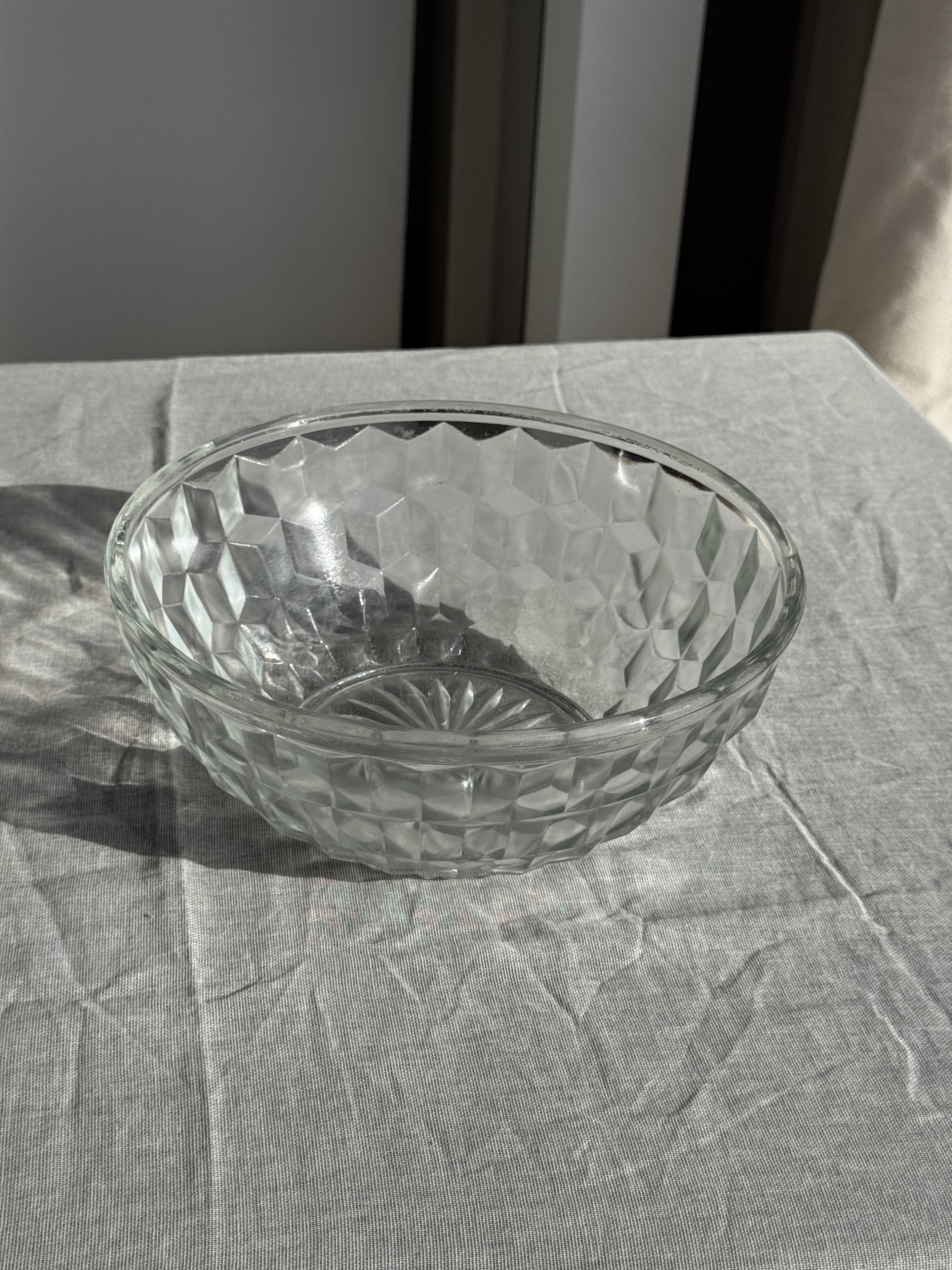 Small vintage glass bowl with a cube pattern.