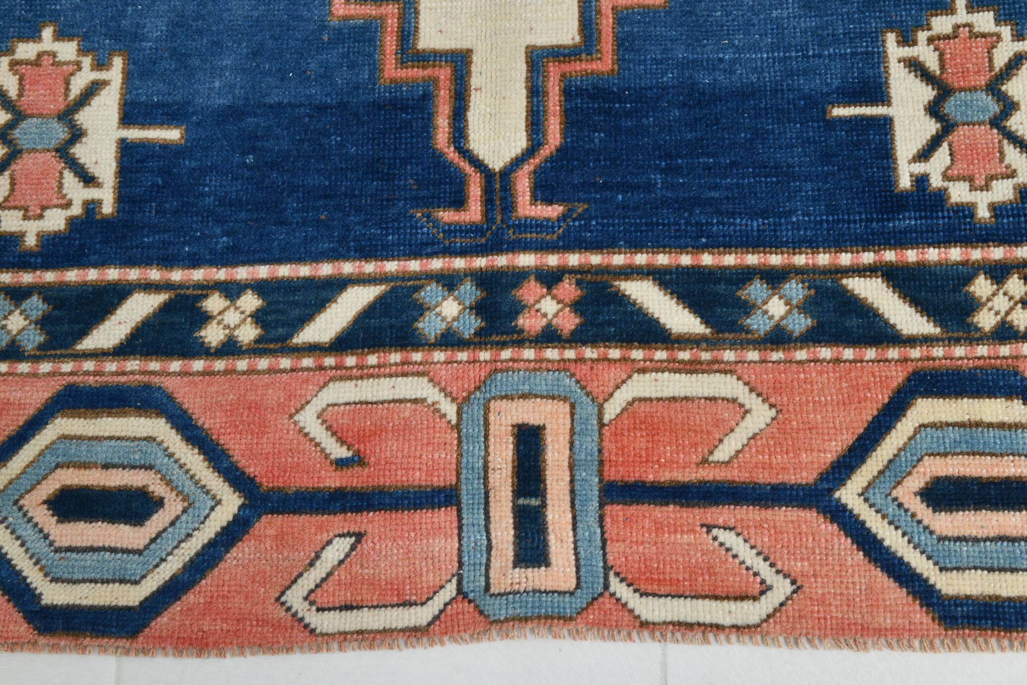 Tapis Vintage Géométrique Bleu et Rose Fait Main – Style Oriental,128x265Cm