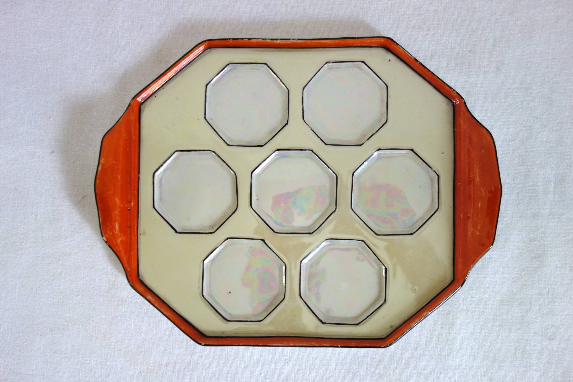 Vintage iridescent set of 6 egg cups, salt shaker, tray and pitchers