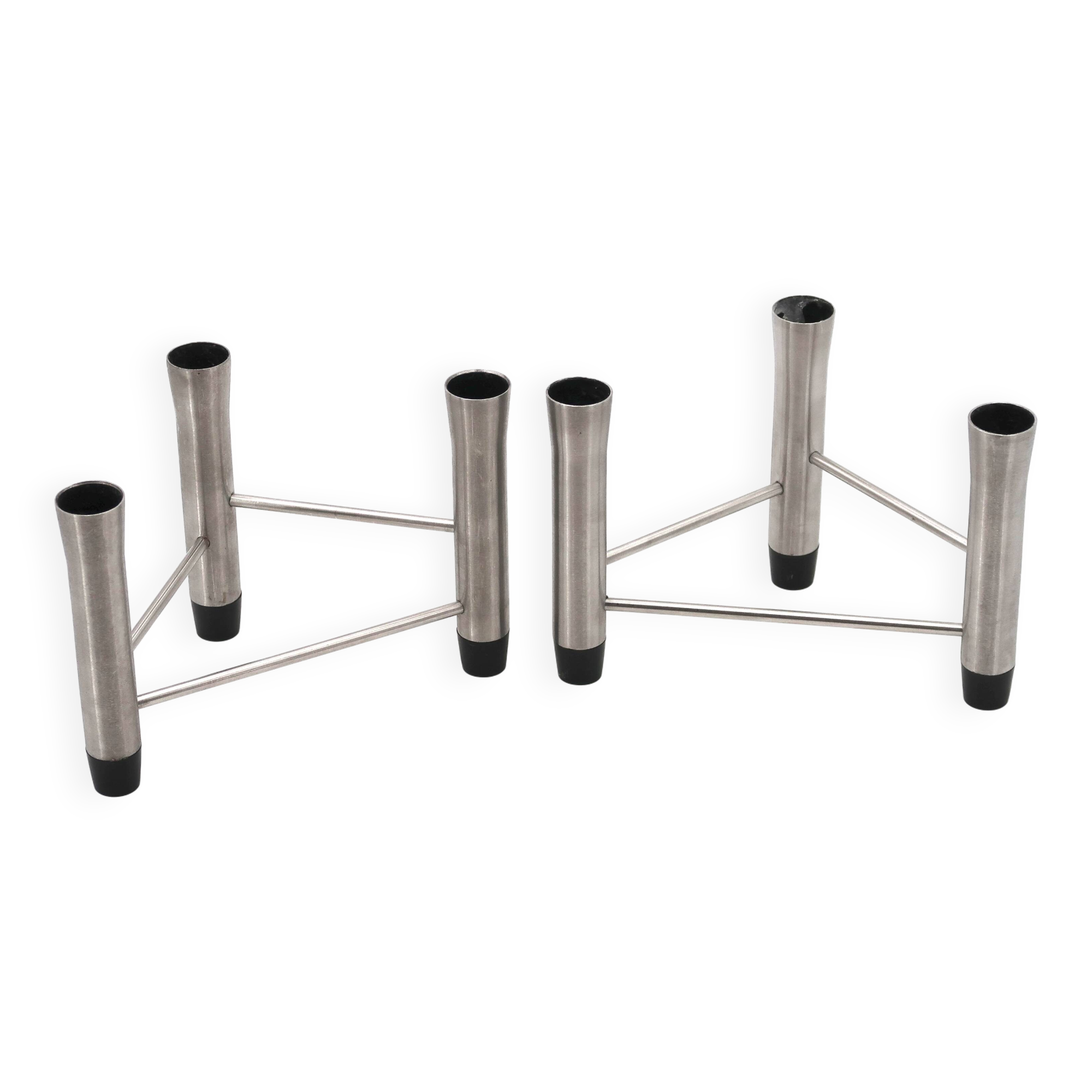 Pair of brushed steel tripod candlesticks, 1970s