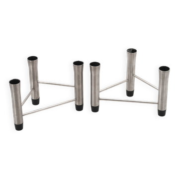 Pair of brushed steel tripod candlesticks, 1970s