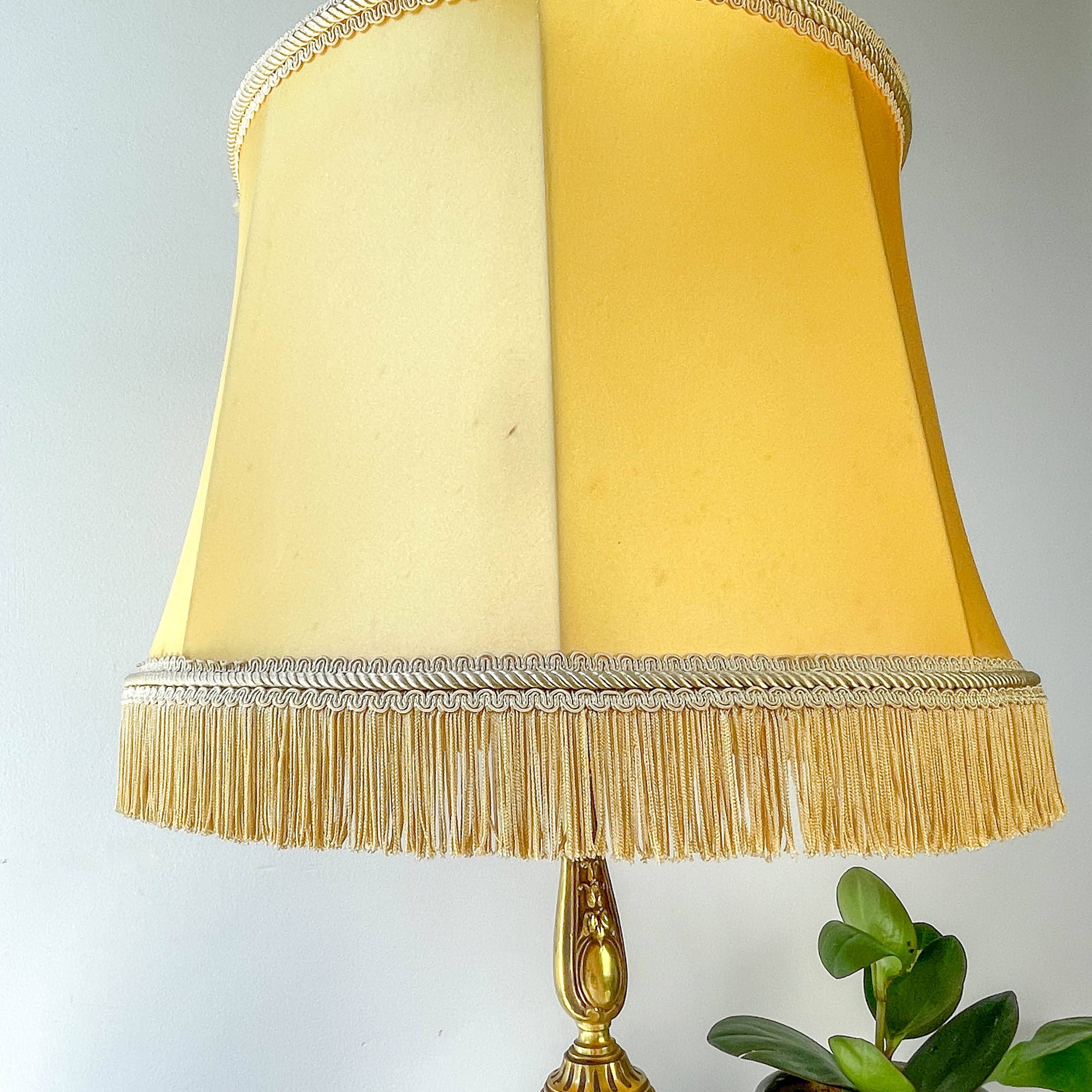 Louis XVI style gilt bronze lamp with yellow fringed shade - elegant vintage antique lamp
