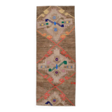 Tapis Couloir Vintage Turc, Marron, Rouge & Bleu Motifs Tribaux Géométrique