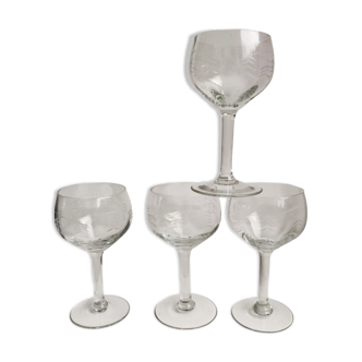 Set of 4 crystal wine glasses engraved 50-60s
