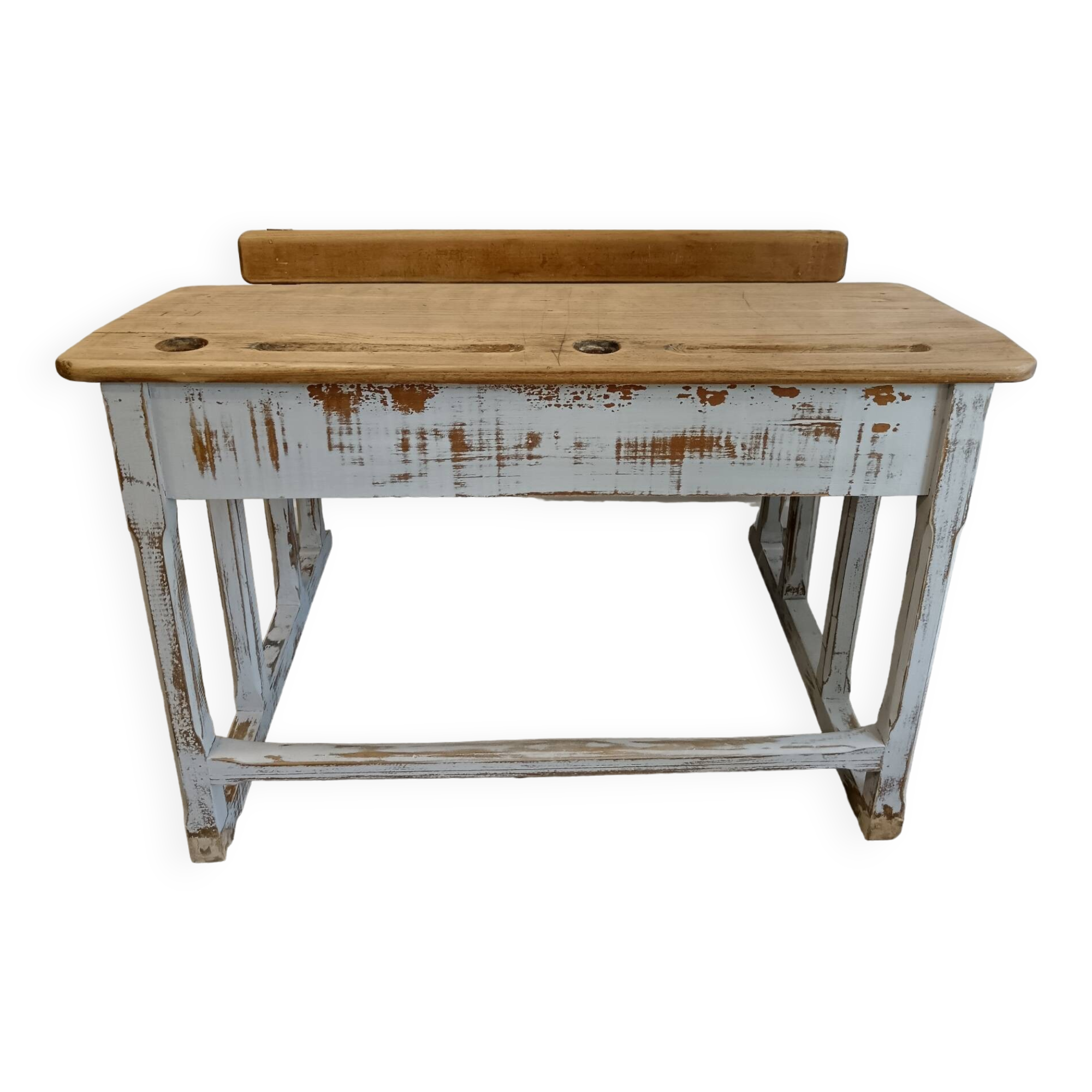 Double school desk in wood and patinated gray