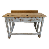 Double school desk in wood and patinated gray