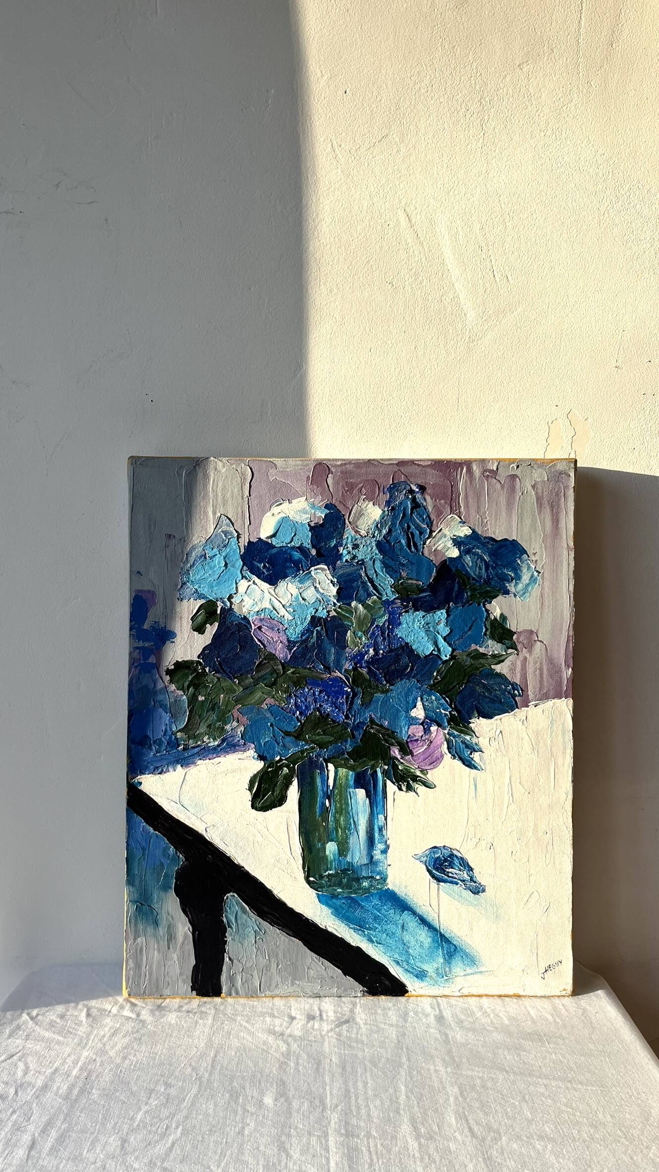 Contemporary still life with flowers, blue flowers, J. Heguy