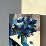 Contemporary still life with flowers, blue flowers, J. Heguy