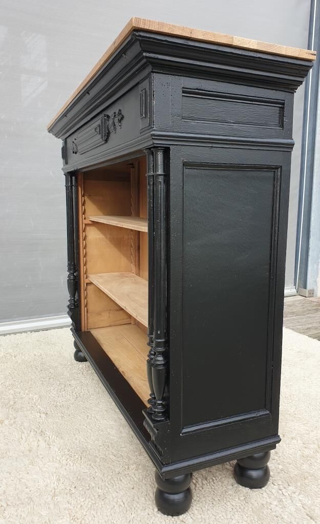 Neoclassical black wood bookcase with columns