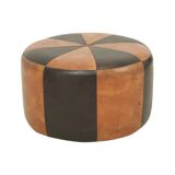 Round Vintage Brown Pouf Two-Tone Skai Leather Sixties