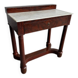 Console avec plateau en marbre blanc antique, piètement et tiroir en bois brun rougeâtre