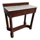 Antique White Marble Top Console Table with Reddish-Brown Wood Base and Drawer