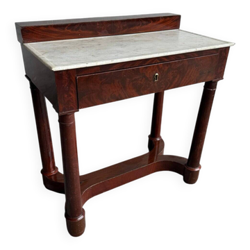 Console avec plateau en marbre blanc antique, piètement et tiroir en bois brun rougeâtre
