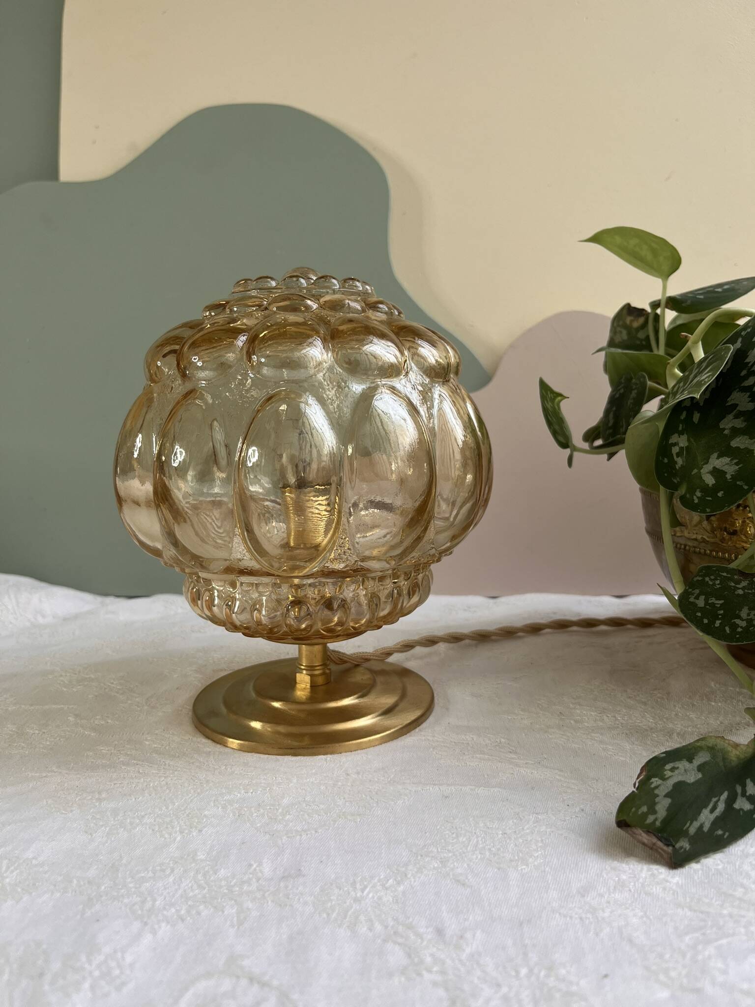 Vintage glass table lamp - amber bubble globe