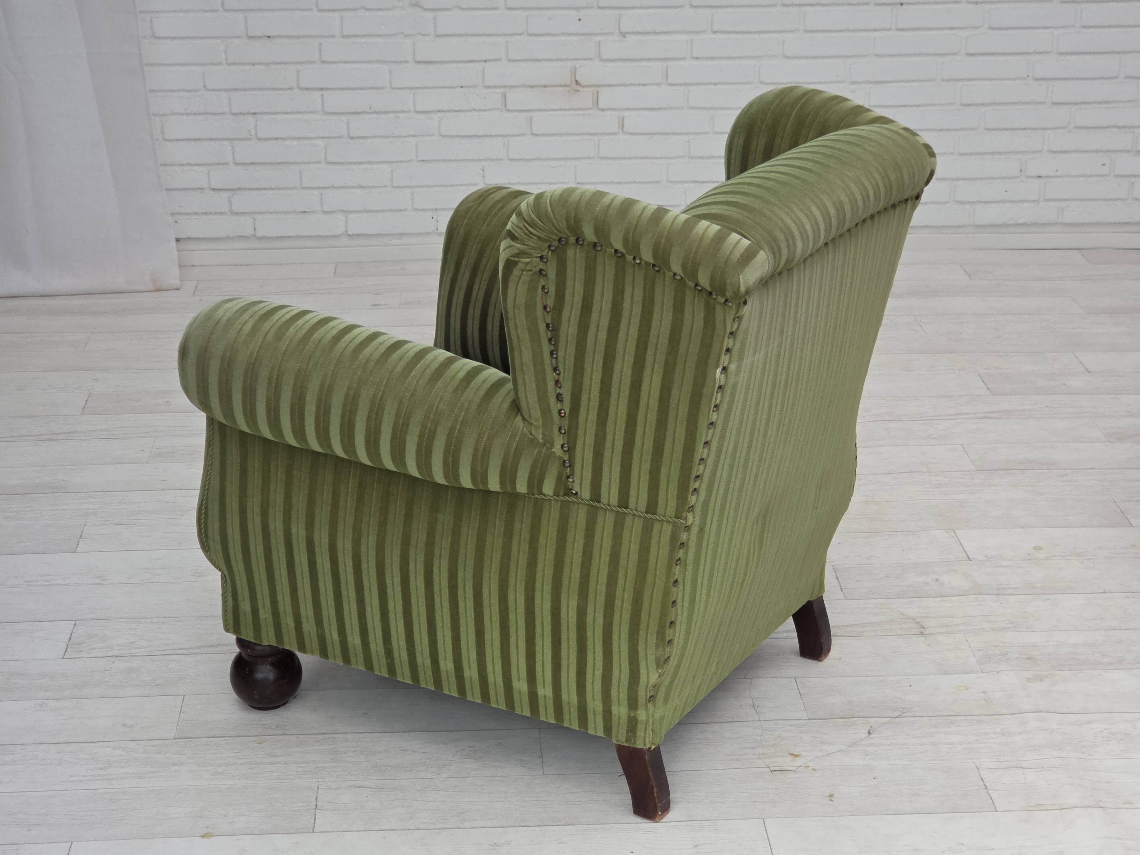 1950s, Danish relax armchair, green furniture velour fabric, ash wood legs.