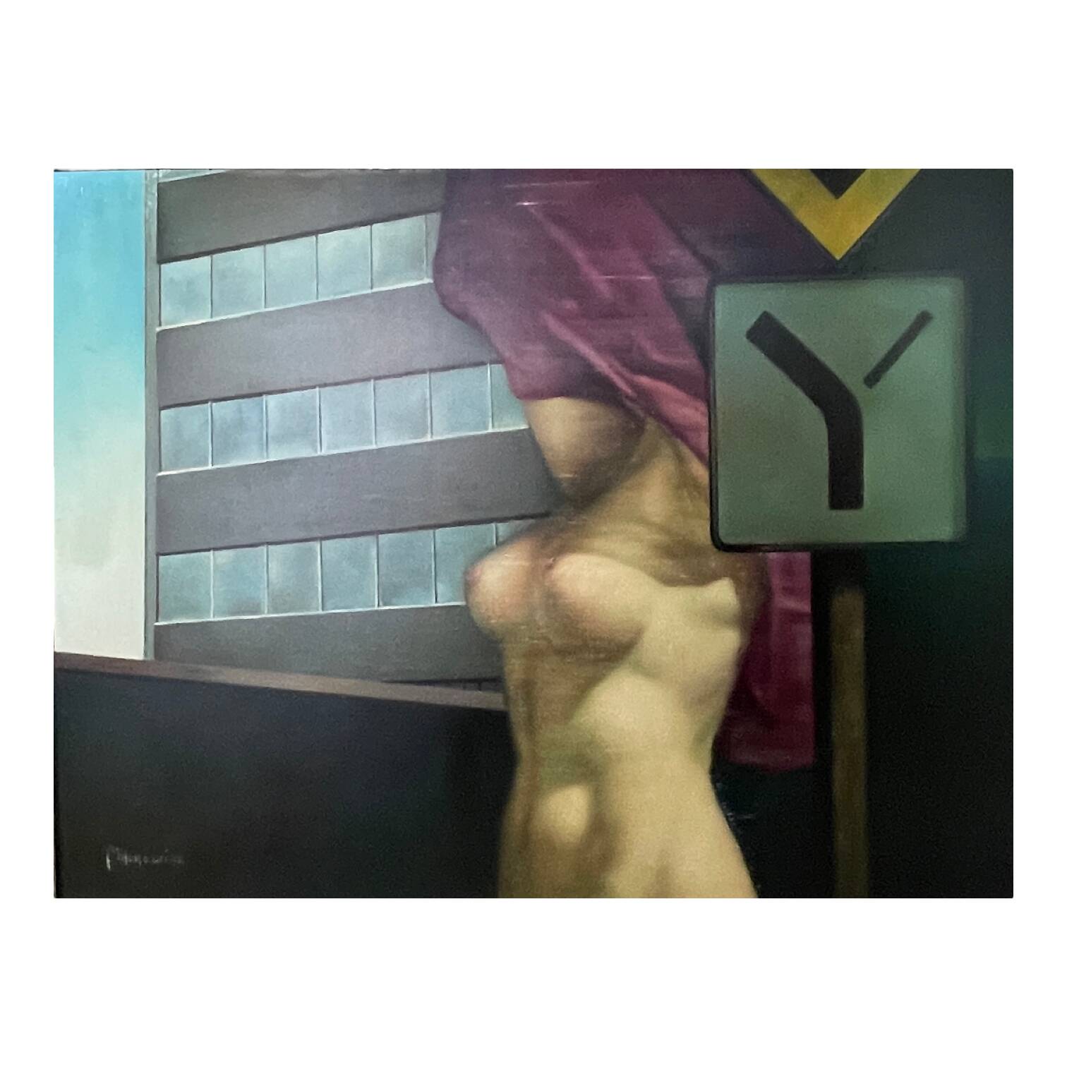 Painting "Nude at the traffic sign" Belgian Pop Art, MACKOWIAK ERWIN, oil on canvas, ca 1975