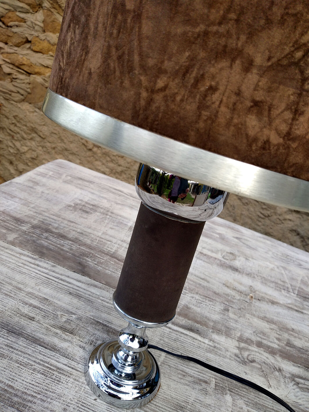 Suede and chrome table lamp