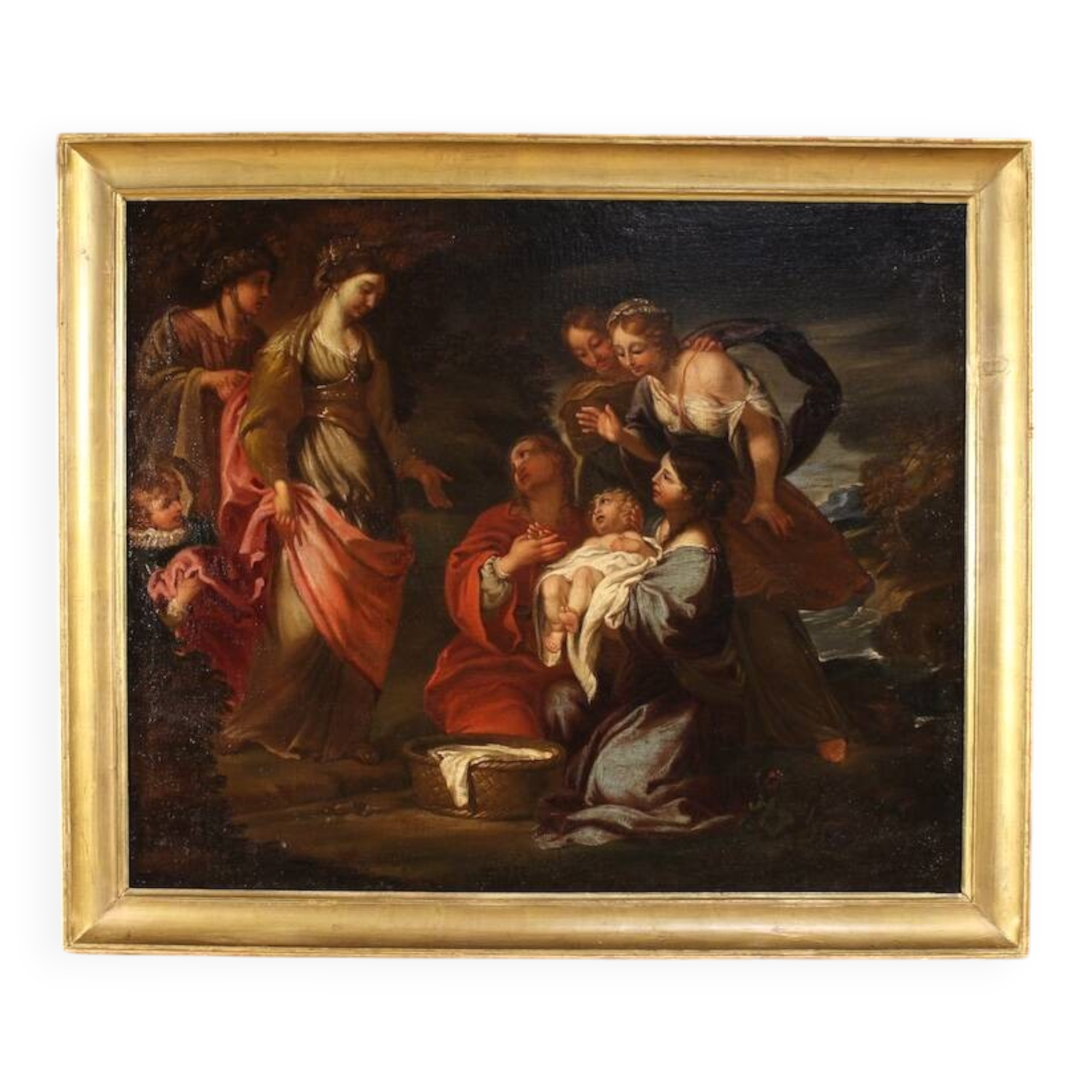 Antique Italian painting Moses saved from the waters from the 17th century