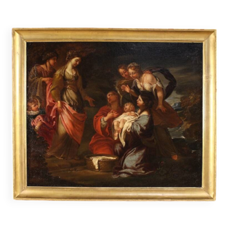 Antique Italian painting Moses saved from the waters from the 17th century
