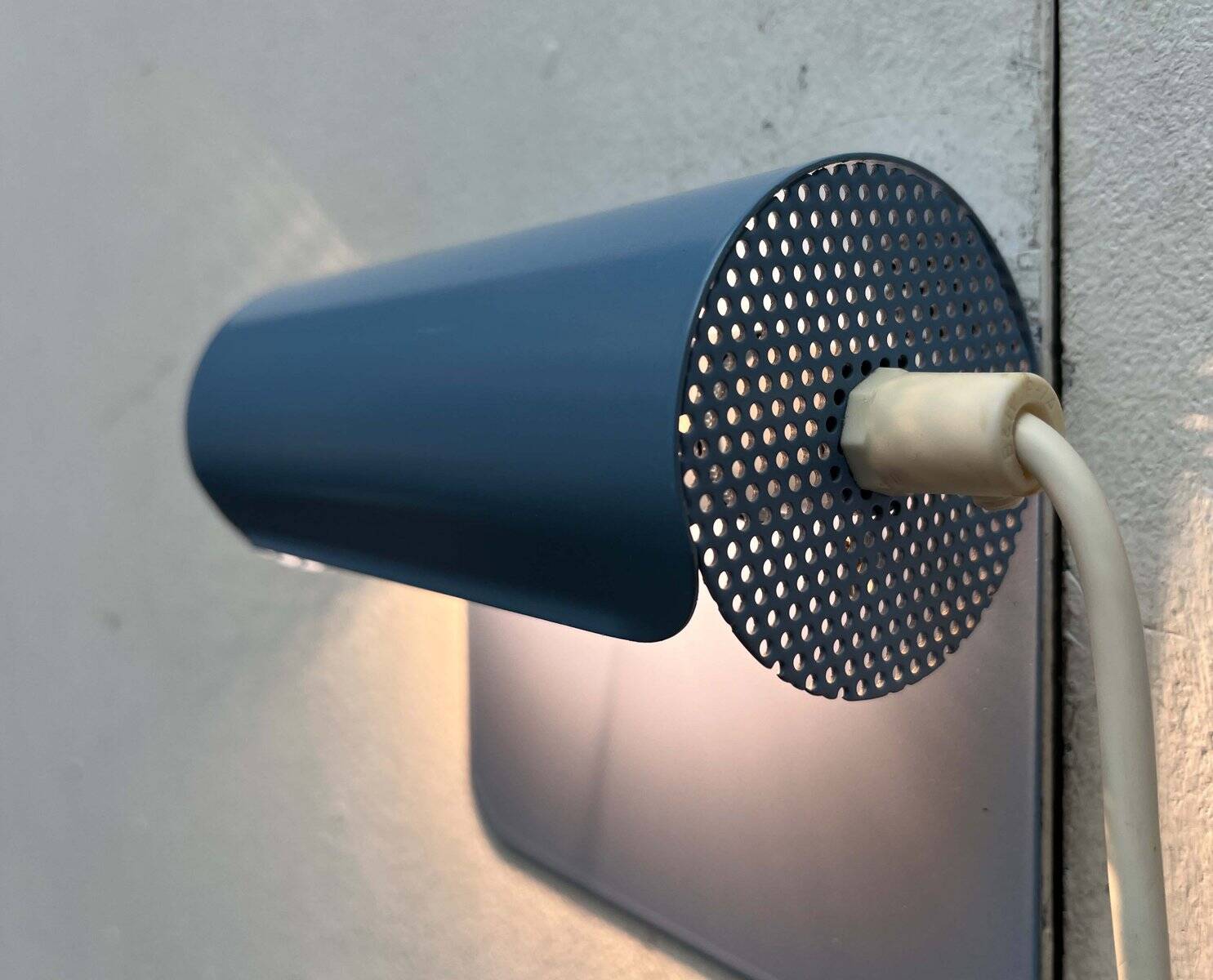 Light blue perforated metal suspension by Abo Randers, Danish postmodern, 1980s.